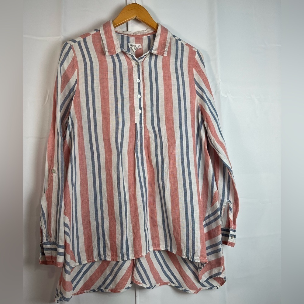 Artisan NY Women Top 100% Linen Multicolored Striped Lagenlook Top hi low hem M